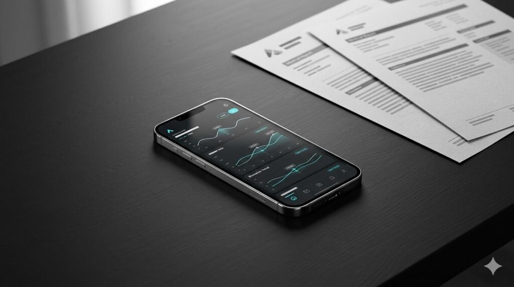 Smartphone showing health data charts next to printed medical reports on a dark desk
