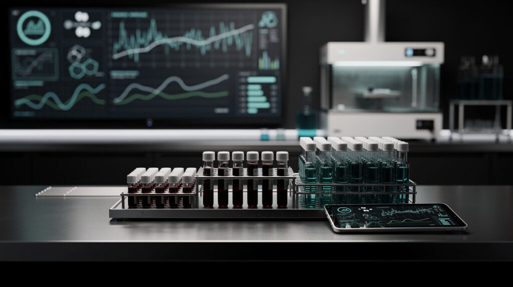 Blood sample tubes in a lab rack in front of screens showing biomarker charts