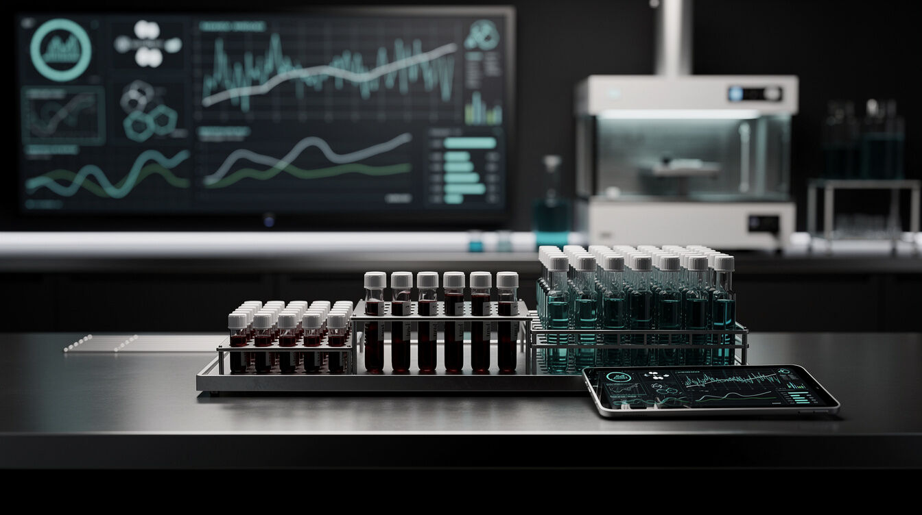 Blood sample tubes in a lab rack in front of screens showing biomarker charts