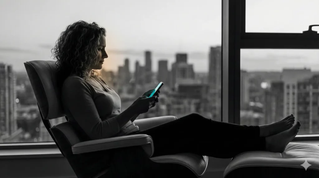 Woman relaxing in a lounge chair by a city window, checking her health data on a smartphone